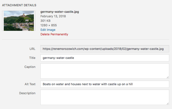 WordPress attachment details screen