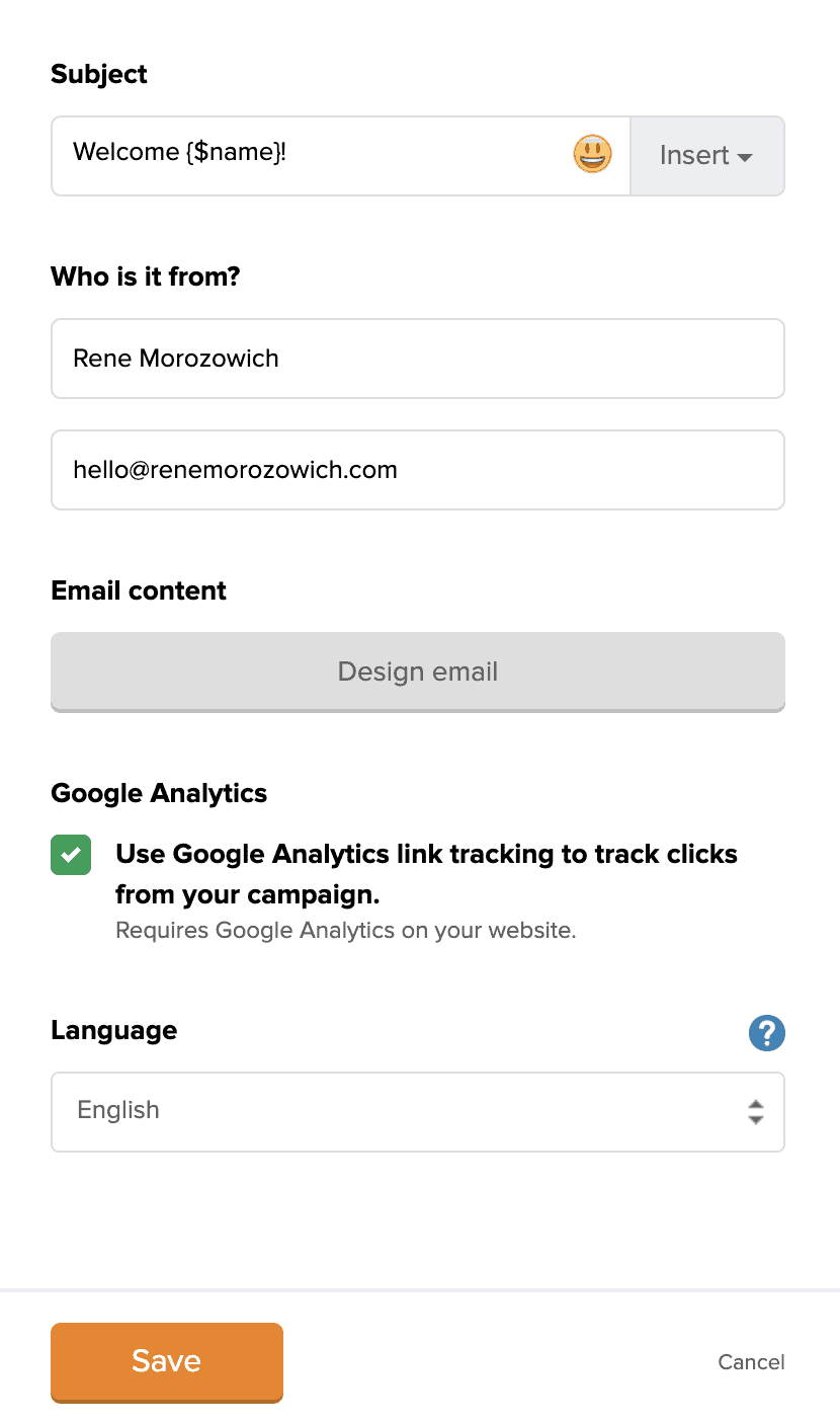 Enter your name and subject for the email in MailerLite