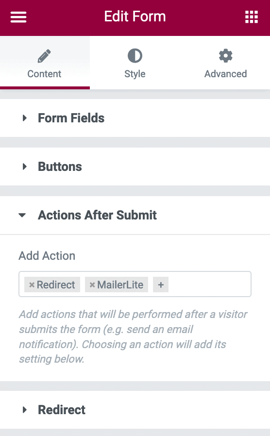 Elementor form settings - choose Redirect under Actions After Submit