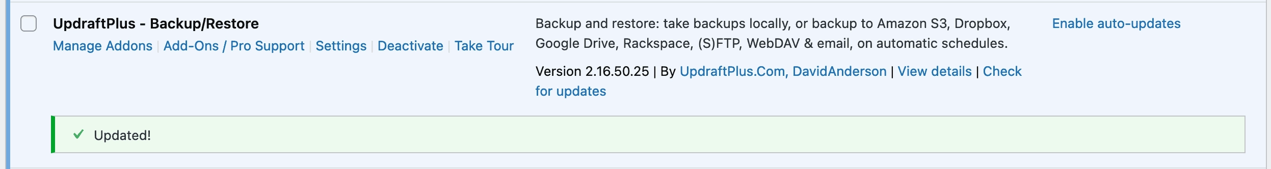 Success message after plugin update