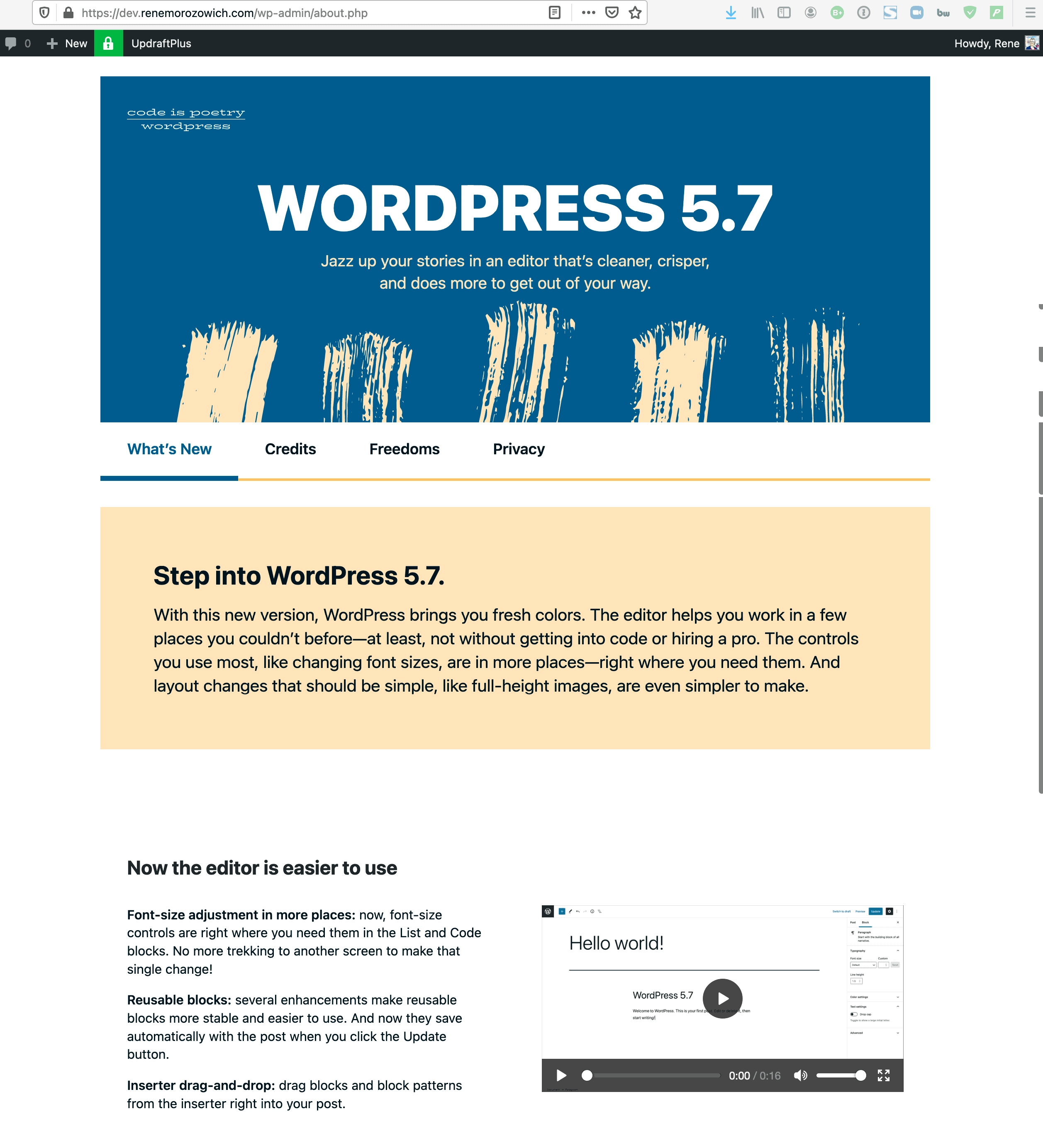 WordPress version about screen